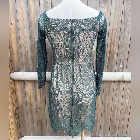 Love Fire Green Lace Long Sleeve Dress with Nude Underlay - Picture 6 of 8